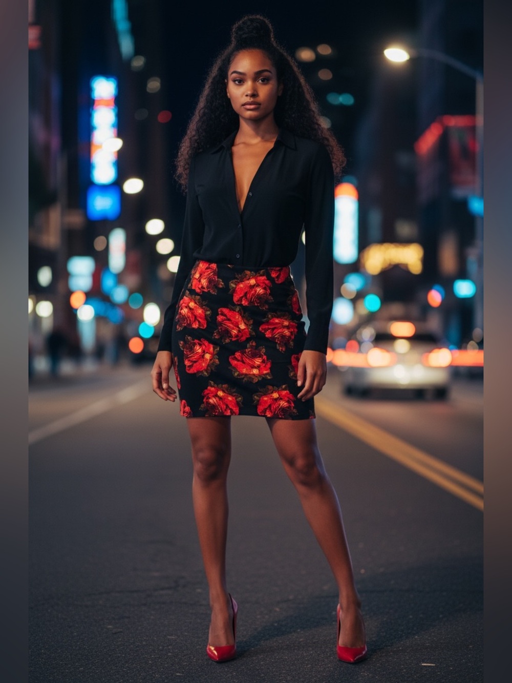 Betsey Johnson Black Pencil Skirt with Red Rose Print
